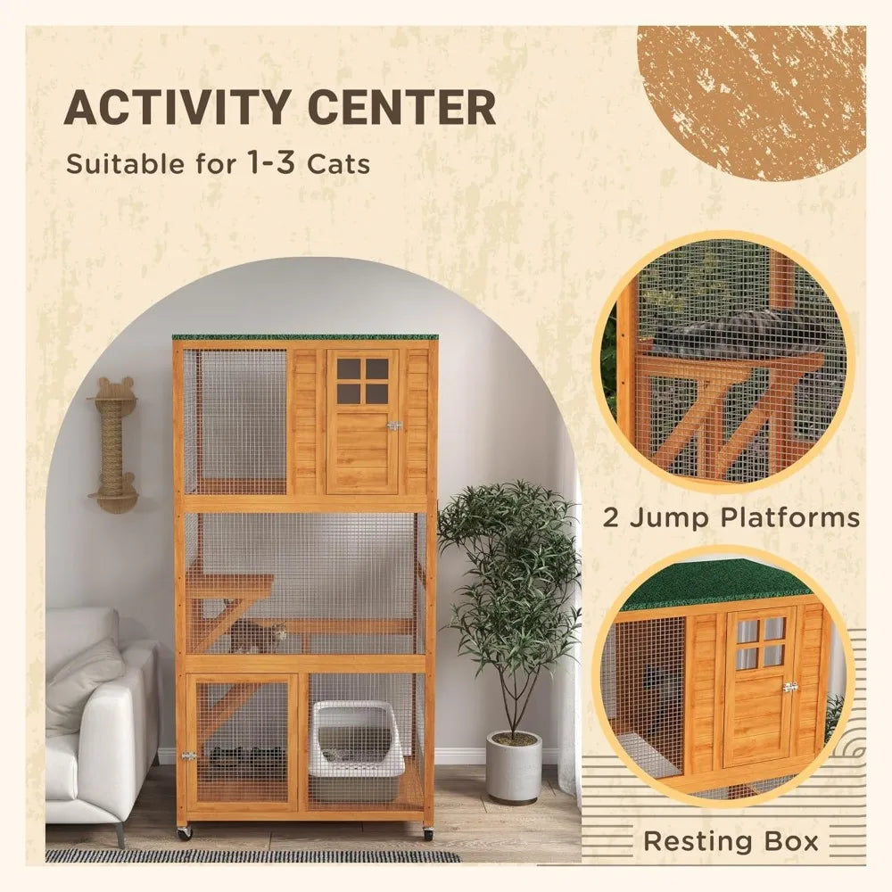 74" Wooden Catio Outdoor Cat House