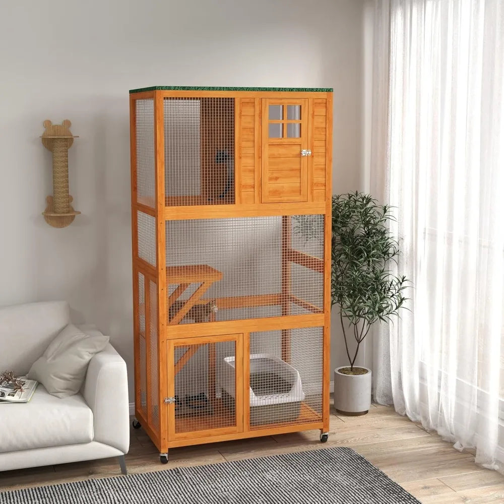 74" Wooden Catio Outdoor Cat House